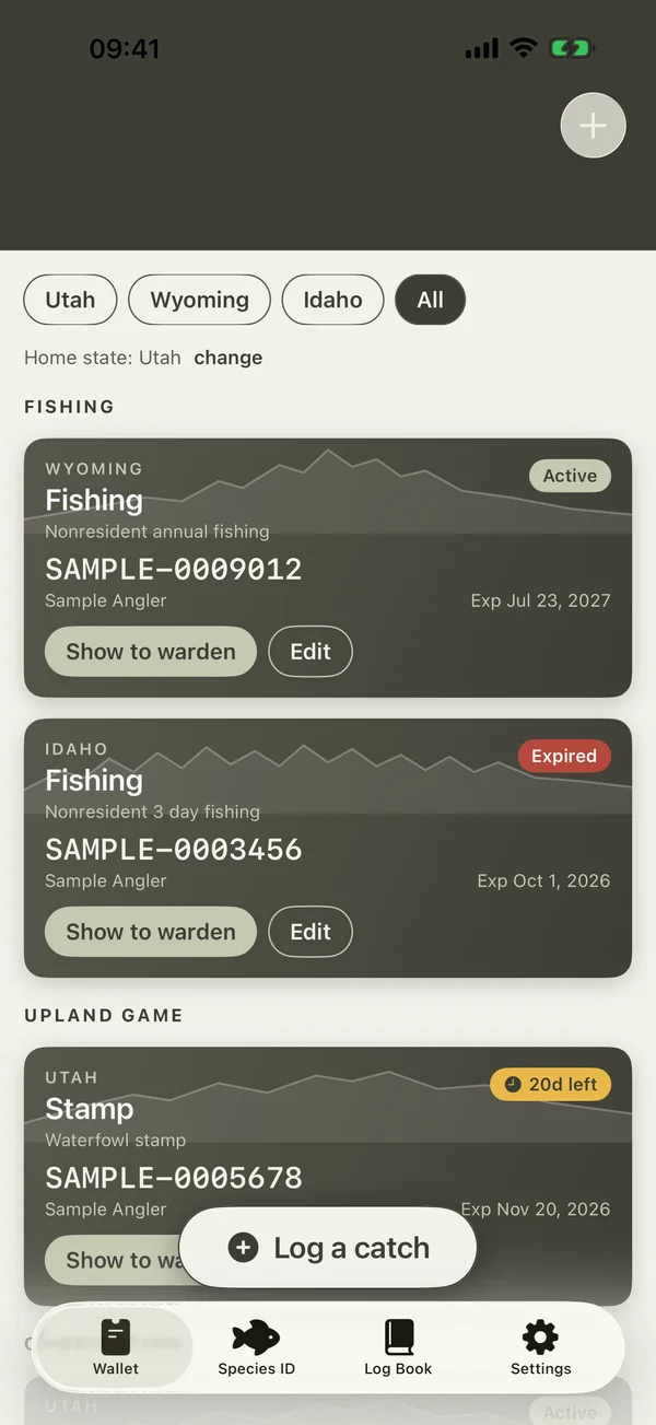 Wallet with fishing and hunting licenses (sample data)