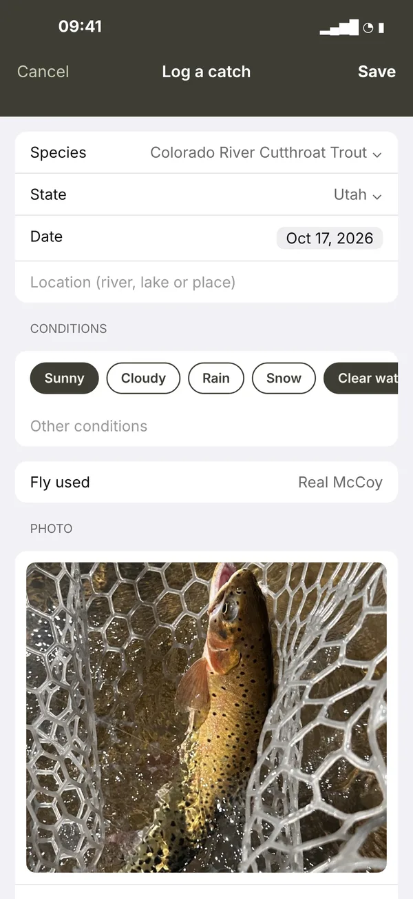 Logging a Colorado River cutthroat catch with a photo (sample data)