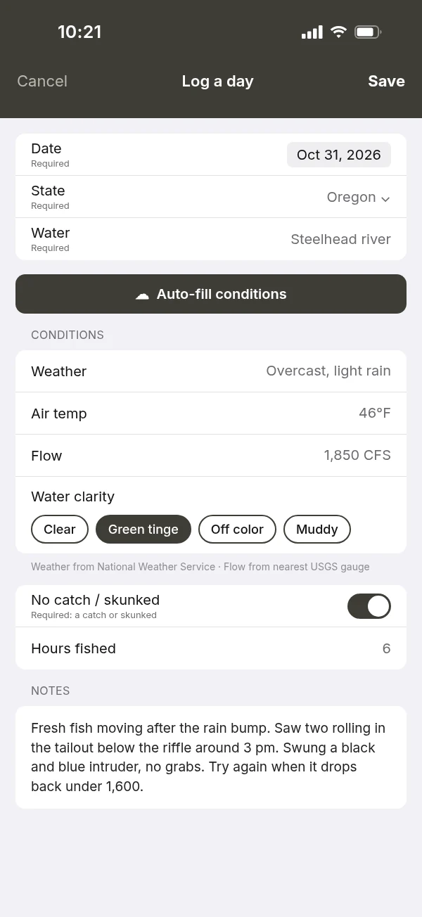 Log a day journal entry with weather, flow and water clarity (mockup, sample data)