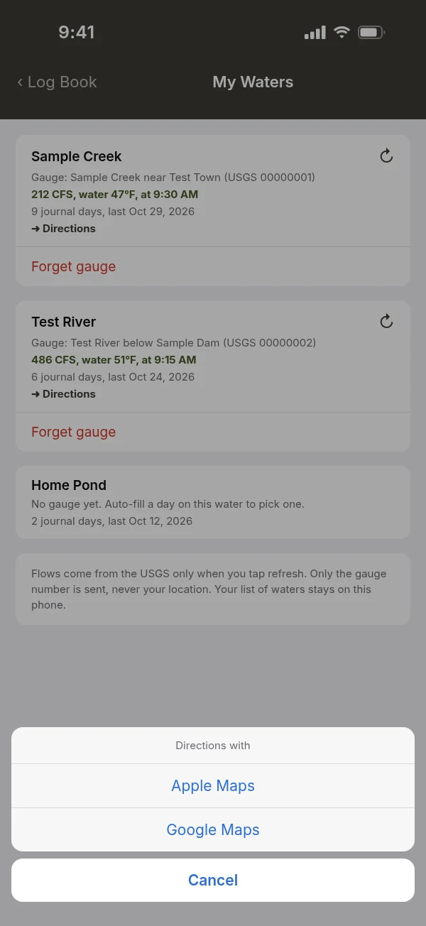 My Waters list of saved stream gauges with current flow (mockup, sample data)