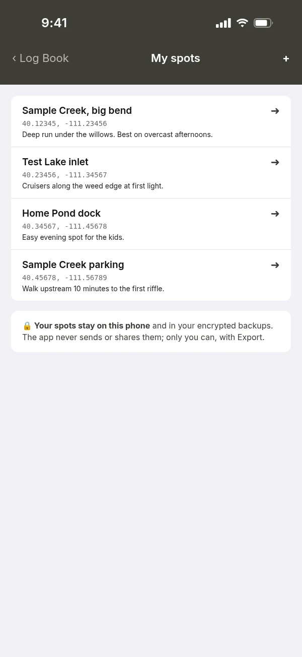 Private spots list of named fishing waypoints stored on the phone (mockup, sample data)